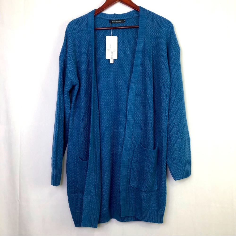 Merokeety Cardigan Sweater Long Sleeve Chunky Warm Knit Womens Small Long Blue